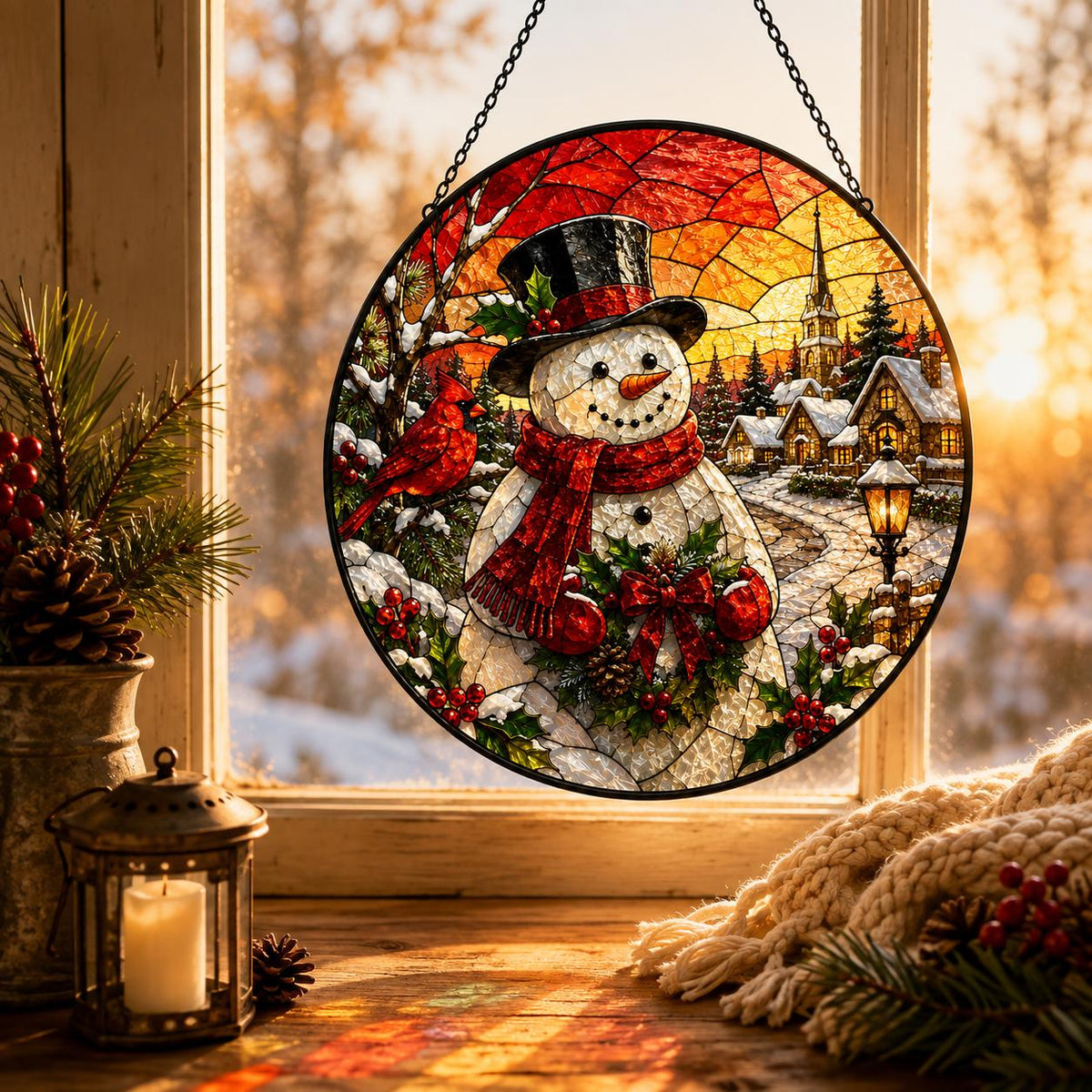 Snowman Christmas suncatcher with red cardinal, snowy village, warm sunset sky and glowing holiday lantern by a window