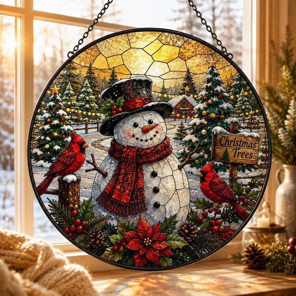 Christmas tree farm snowman suncatcher with cardinals, decorated evergreen trees, poinsettia and warm golden winter background