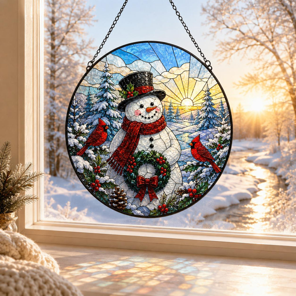 Winter snowman stained glass style suncatcher with cardinals, snowy pine forest, wreath and sunrise over frozen landscape