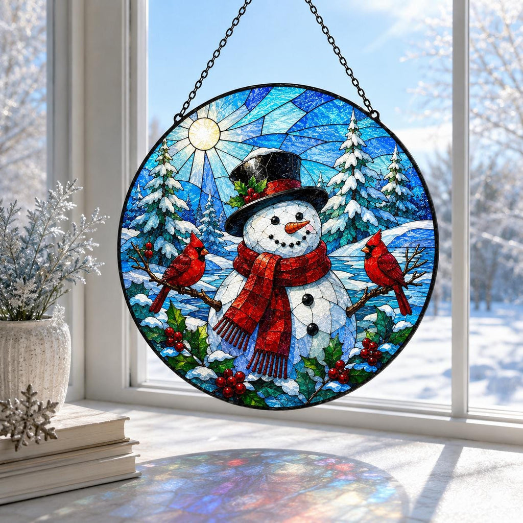 Blue winter Christmas suncatcher featuring smiling snowman, two red cardinals, holly leaves and bright snowy forest scene