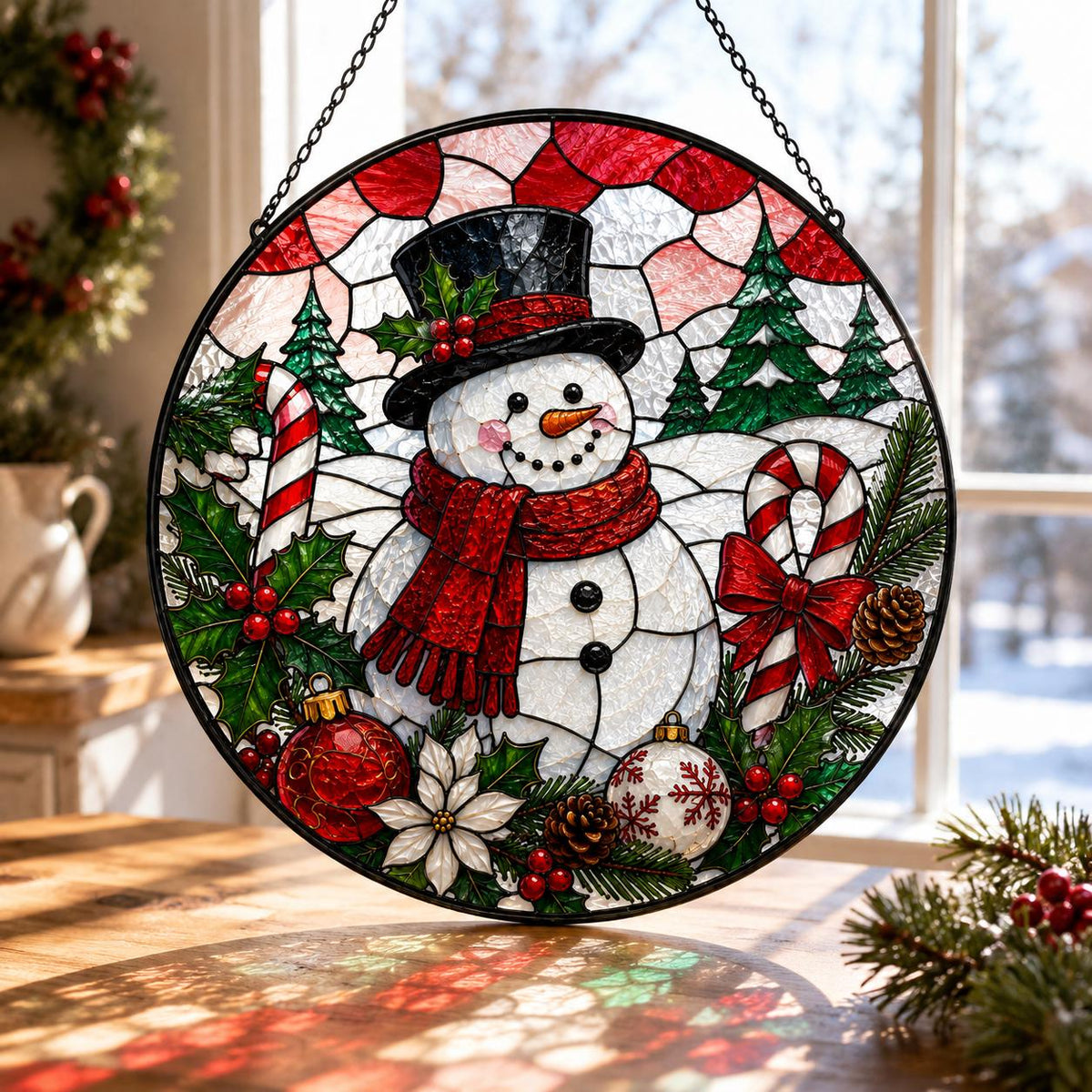 Christmas snowman window hanging with candy canes, ornaments, holly, pinecones and festive red and white stained glass style design