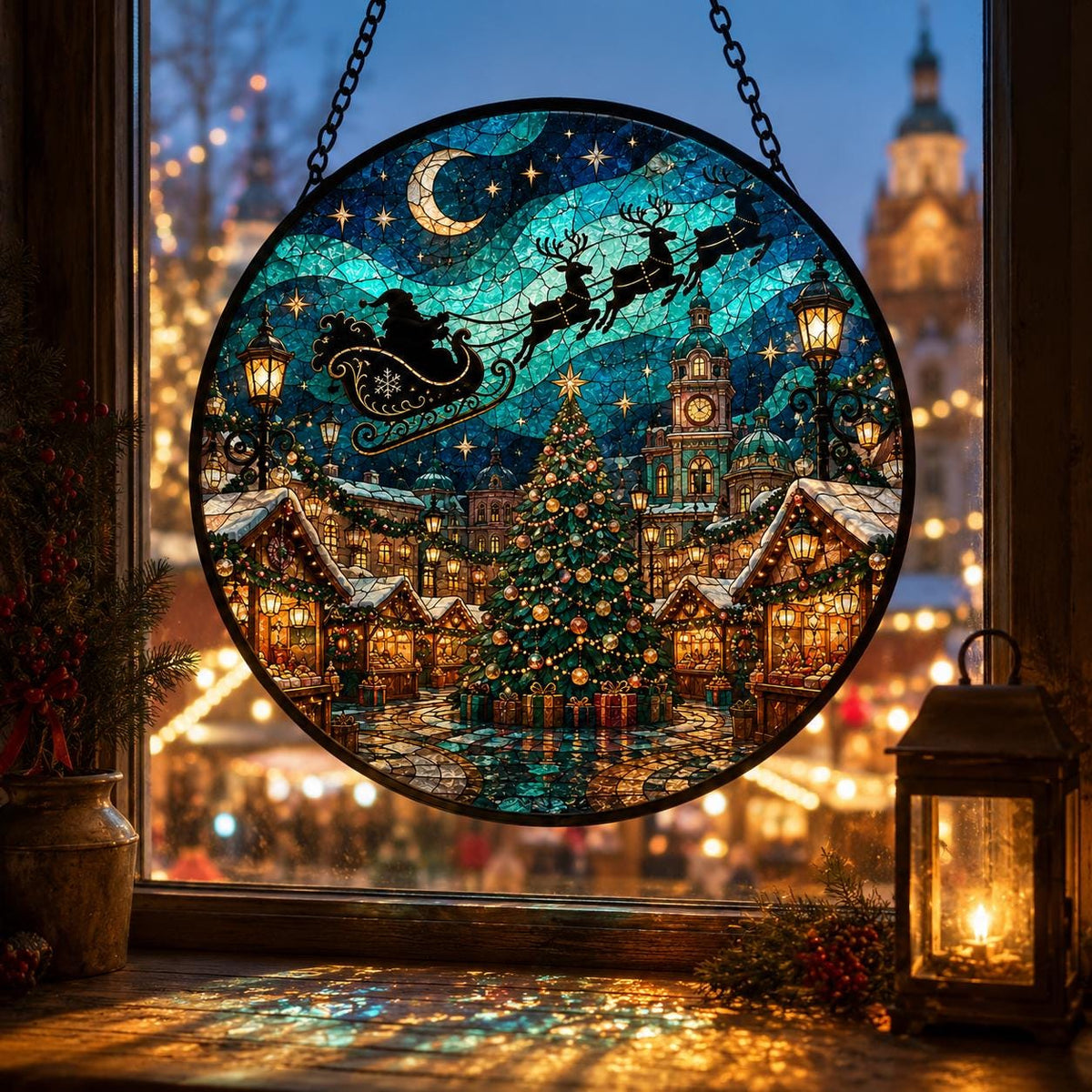Christmas stained glass suncatcher with Santa sleigh and reindeer flying above a glowing snowy village, displayed in a warm holiday window with colorful light reflections.