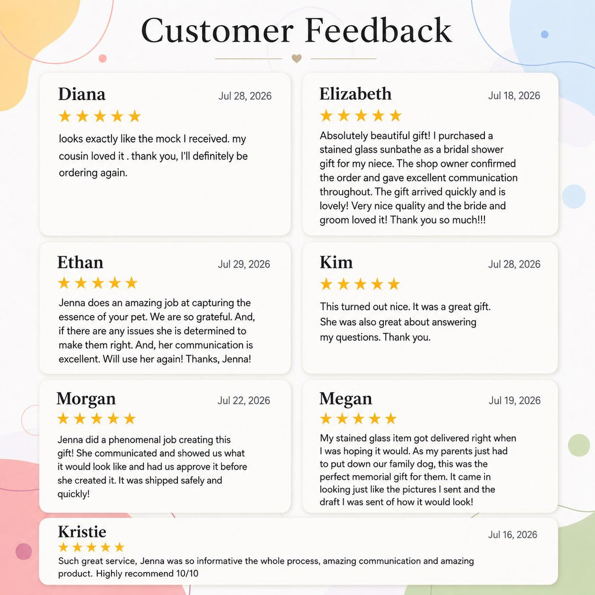 Customer feedback collage showing five-star reviews for colorful spiral stained glass style suncatchers and window hanging decor.
