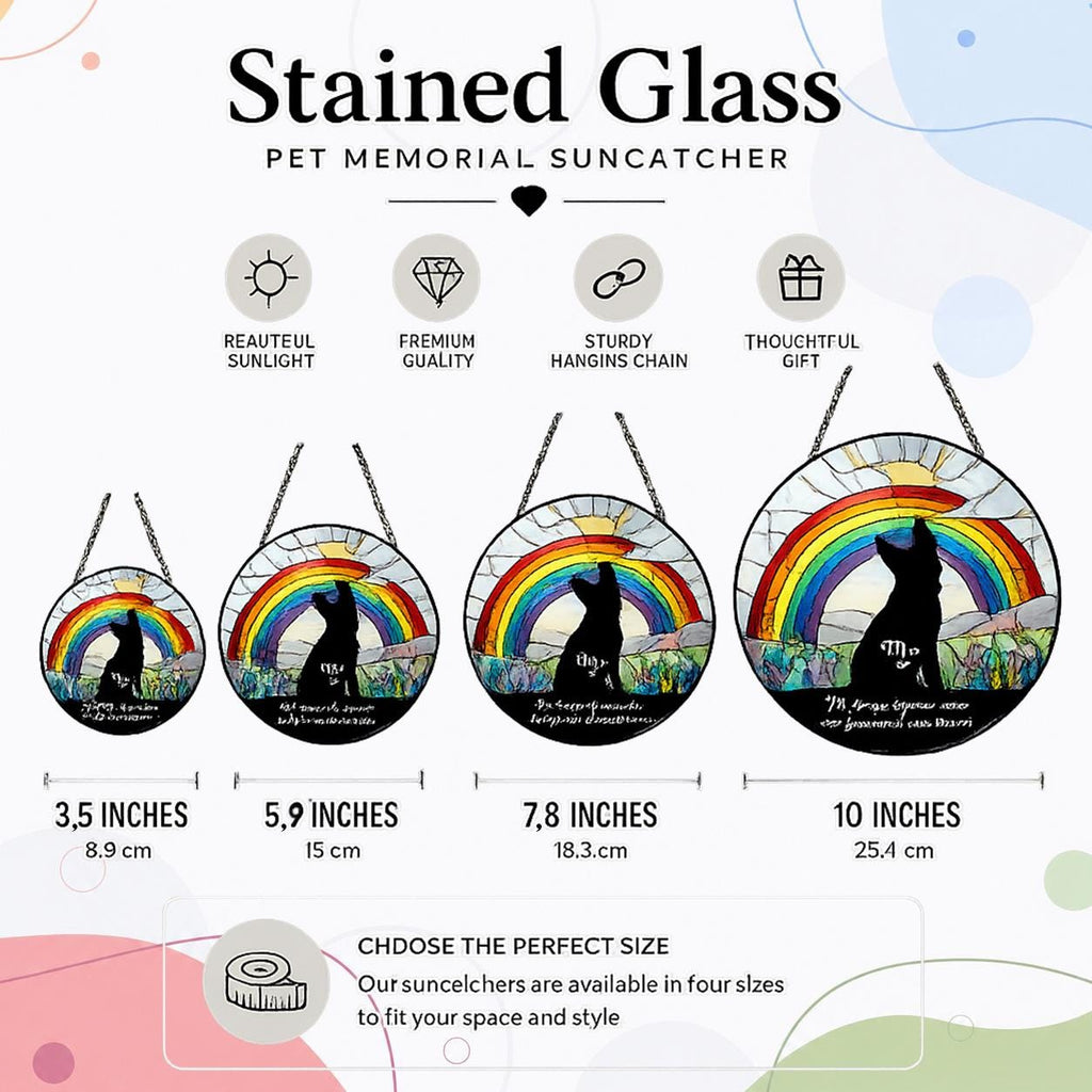Suncatcher size guide showing four round stained glass style window hanging sizes with colorful rainbow designs.