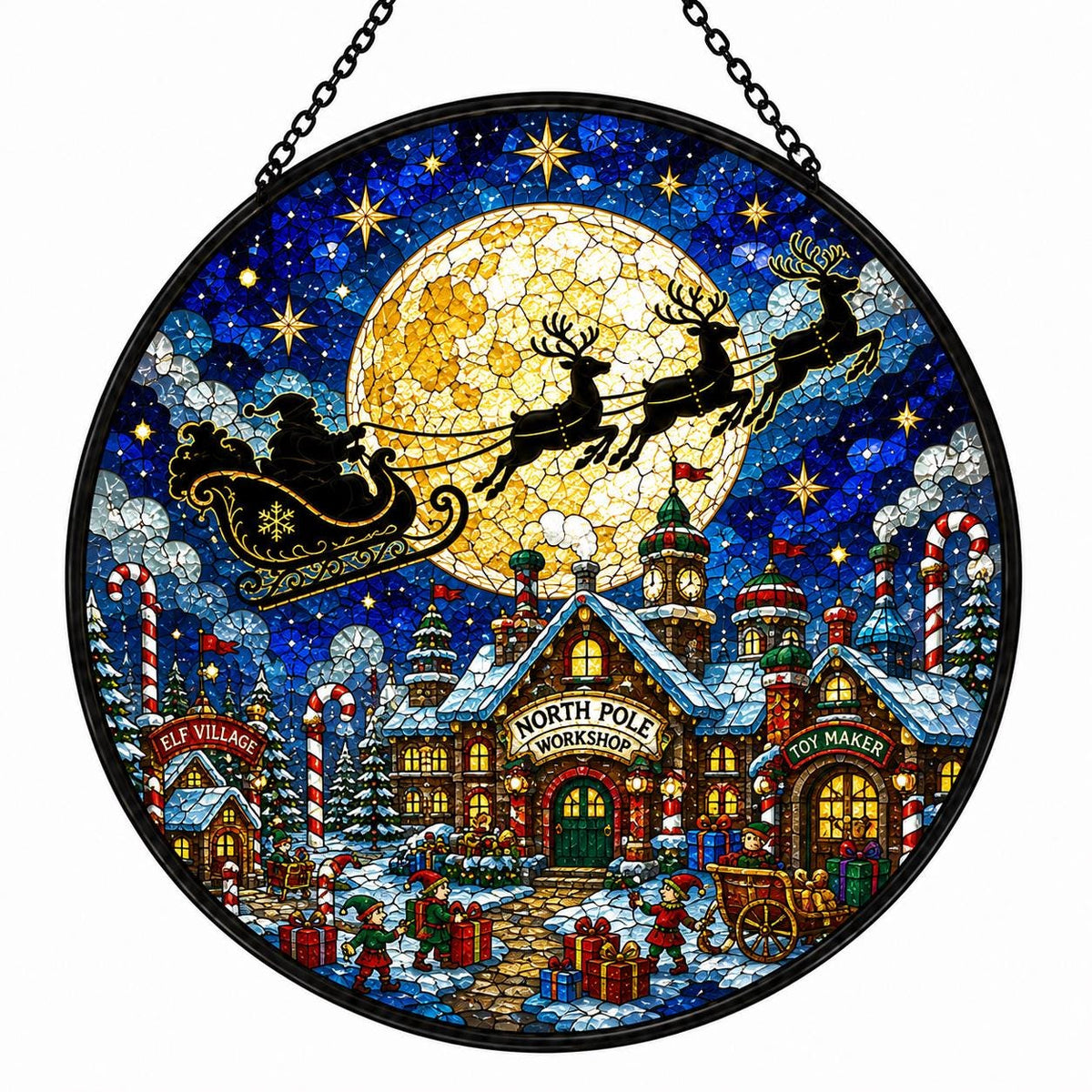 Christmas stained glass suncatcher with Santa sleigh and reindeer flying across a large golden moon above the North Pole workshop and snowy village.