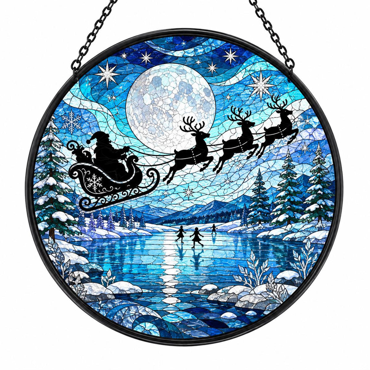 Blue winter stained glass suncatcher featuring Santa sleigh and reindeer beneath a full moon over an icy lake, snowy forest, and mountain landscape.