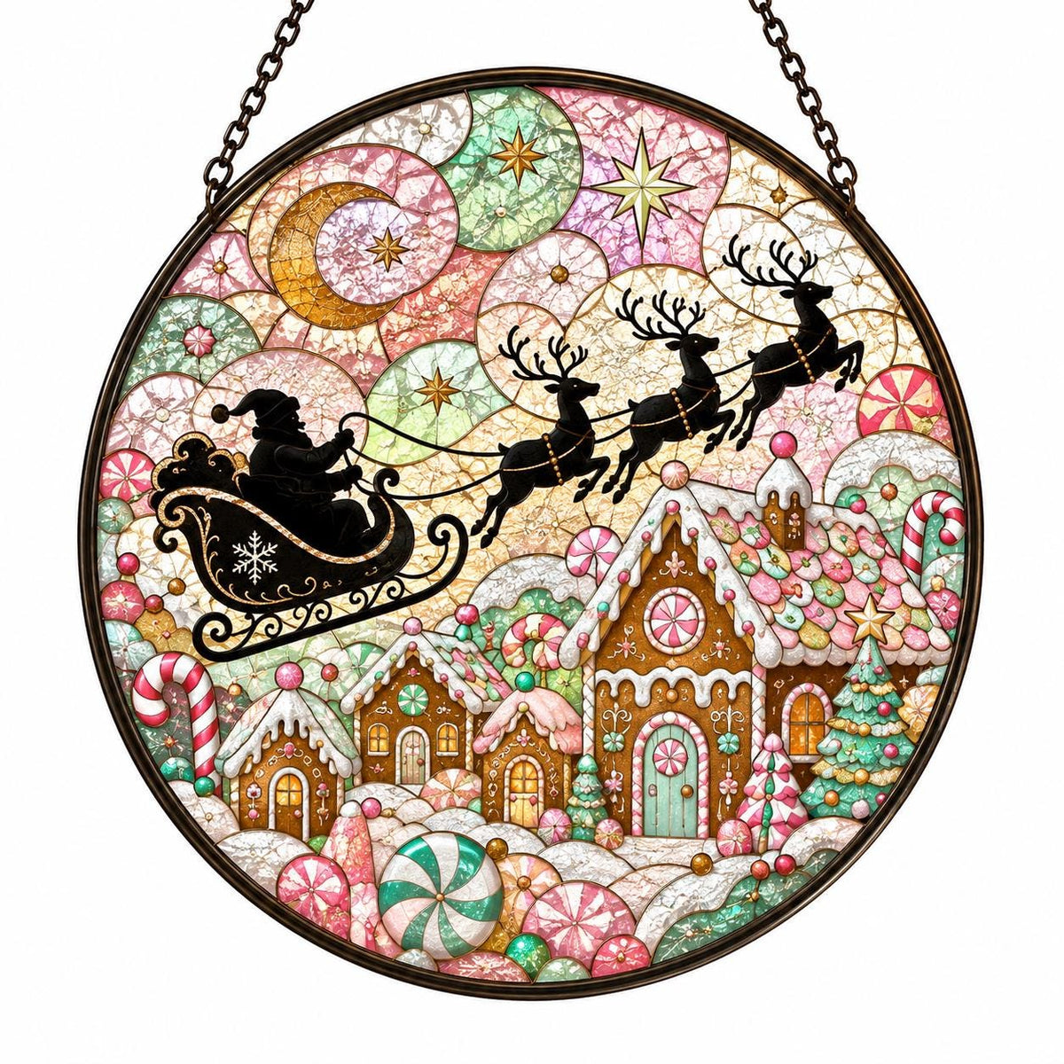 Gingerbread Christmas stained glass suncatcher featuring Santa sleigh, flying reindeer, pastel candy houses, peppermint swirls, stars, and snowy decorations.