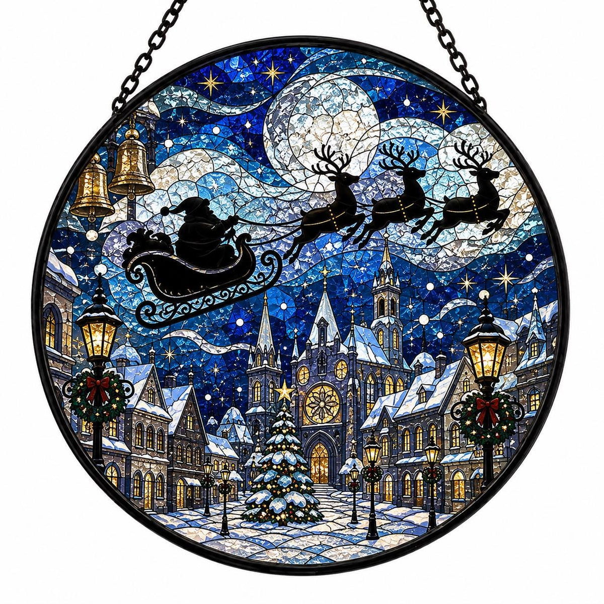Christmas stained glass suncatcher with Santa and reindeer flying over a snowy cathedral town, glowing street lamps, Christmas tree, and bright full moon.