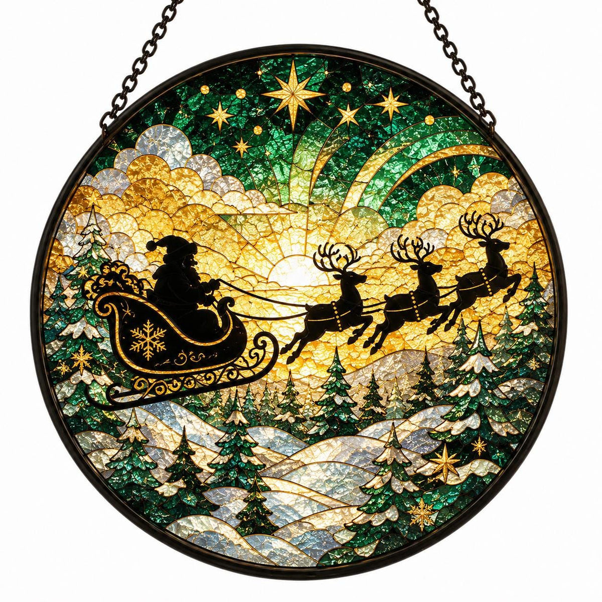 Green and gold winter stained glass suncatcher featuring Santa sleigh, four reindeer, snowy evergreen forest, golden sunrise, stars, and rolling hills.