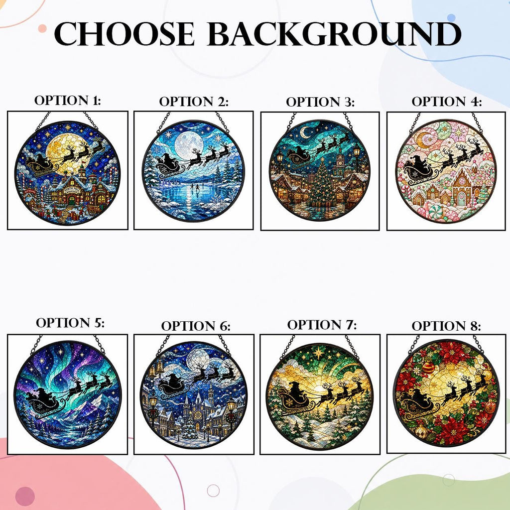 Christmas stained glass suncatcher background option chart showing eight Santa sleigh and reindeer designs with winter villages, moonlight, aurora, and holiday scenes.
