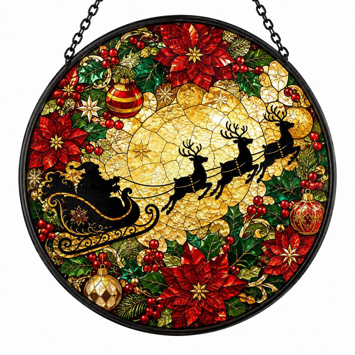 Red and green Christmas stained glass suncatcher with Santa sleigh and reindeer surrounded by poinsettias, holly leaves, berries, ornaments, and golden glass.
