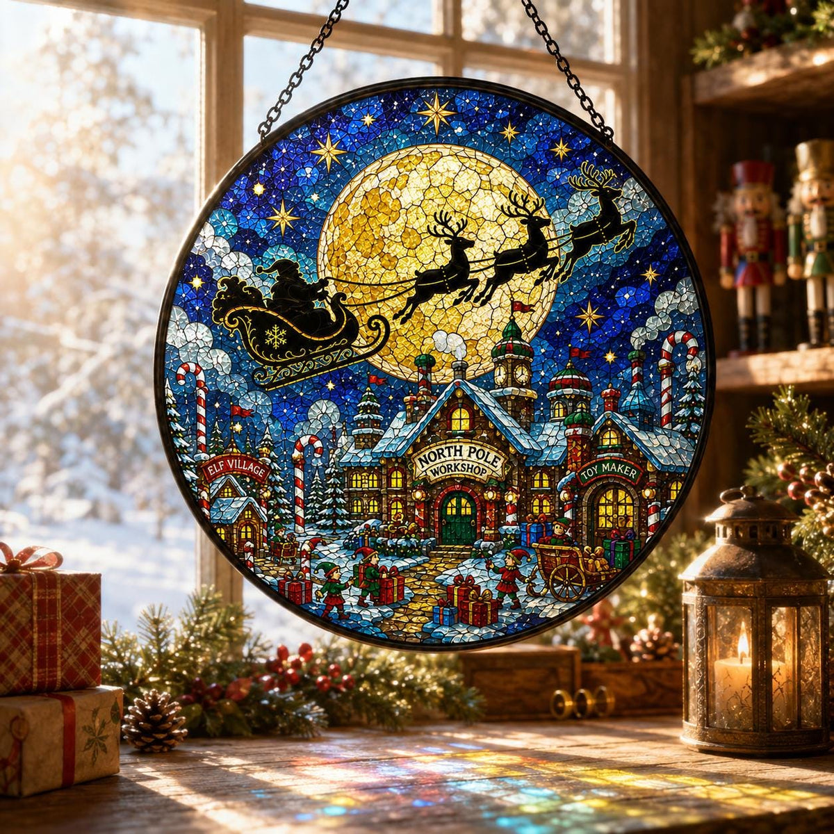 Santa sleigh stained glass suncatcher with flying reindeer, golden moon, North Pole workshop and snowy Christmas village hanging in a festive window.