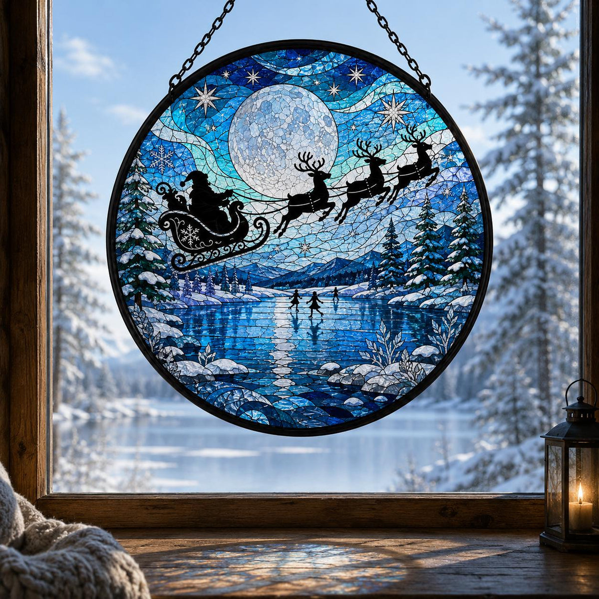 Winter stained glass suncatcher featuring Santa and reindeer flying across a full moon above a frozen blue lake, snowy pine trees, and mountain landscape.