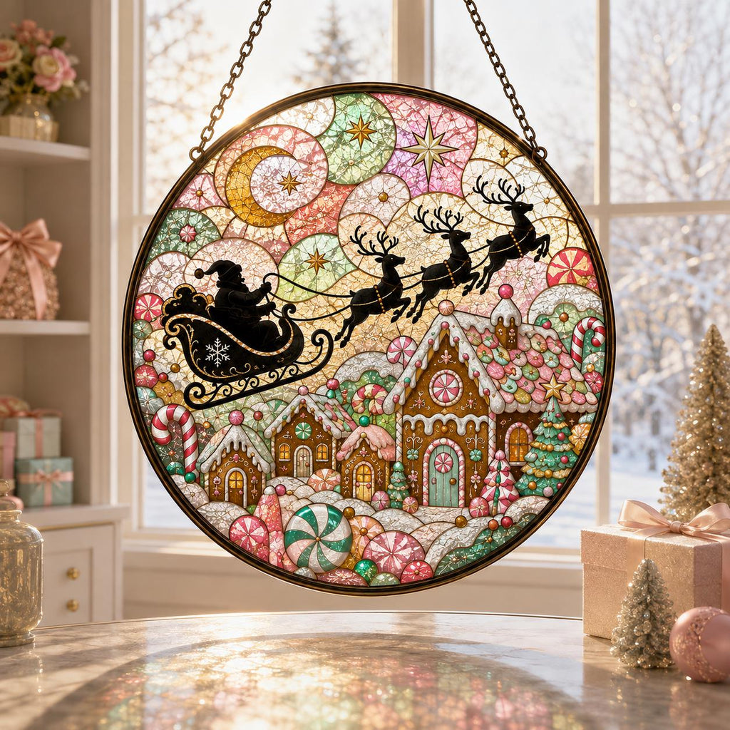 Pastel Christmas stained glass suncatcher with Santa sleigh, reindeer, gingerbread houses, candy canes, peppermint decorations, and snowy holiday scenery.
