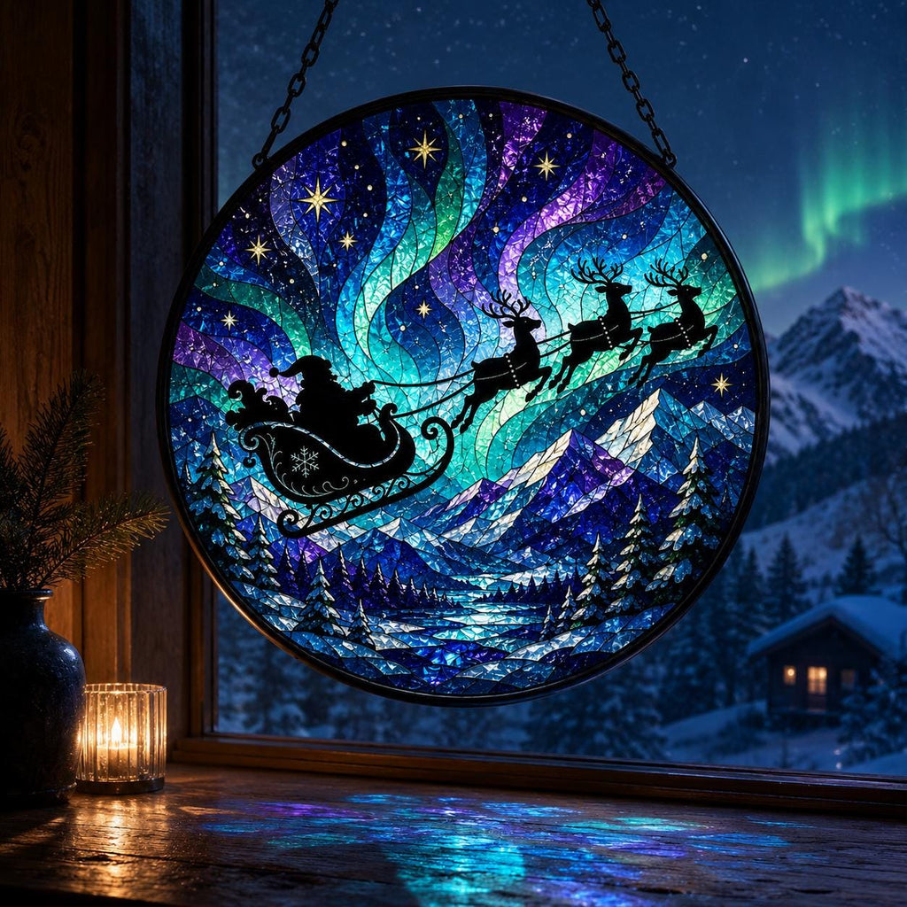Aurora Christmas stained glass suncatcher showing Santa and reindeer flying through blue, teal, and purple northern lights above snowy mountains and pine trees.