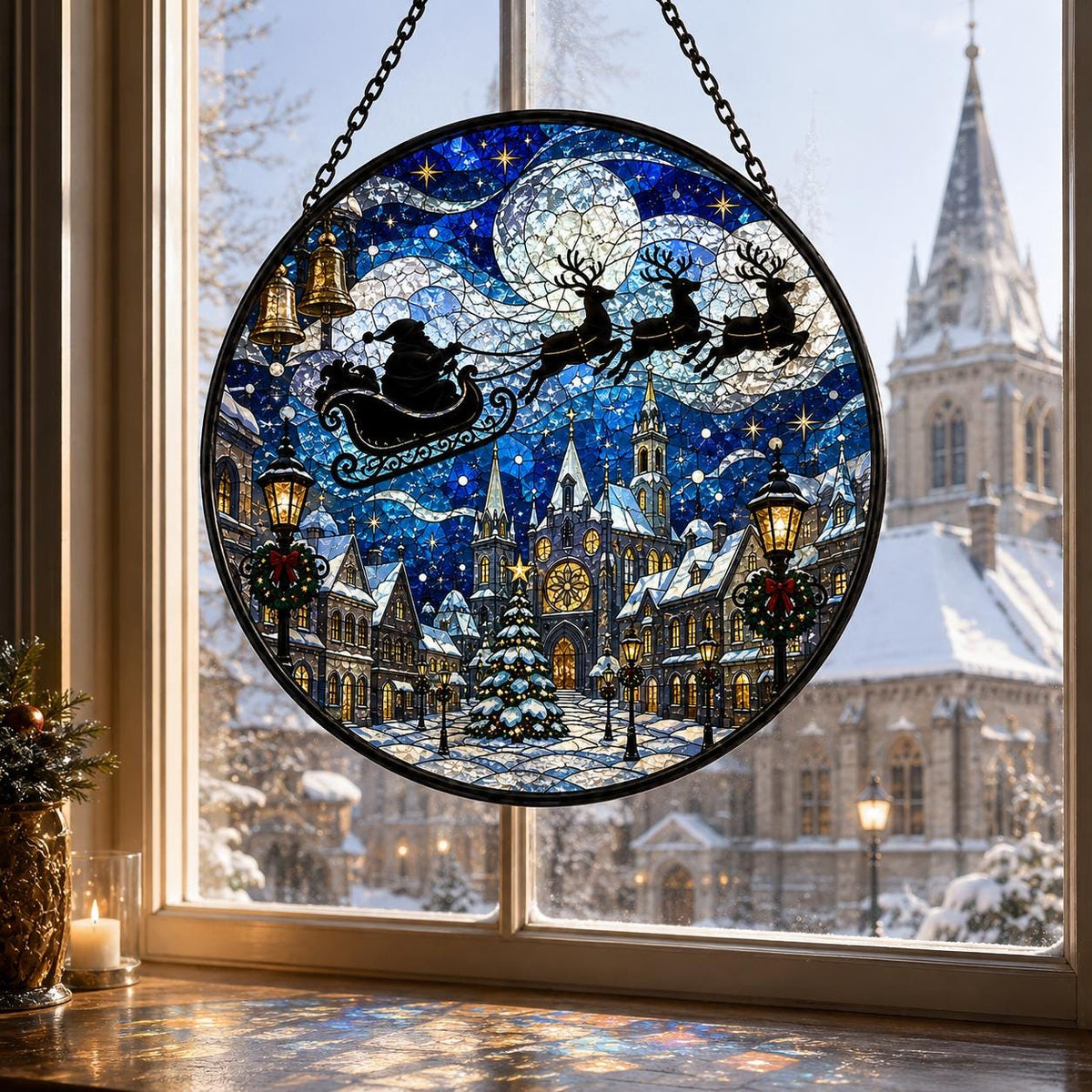 Blue winter stained glass suncatcher with Santa sleigh and reindeer above a snowy European Christmas town, cathedral, glowing street lamps, and full moon.