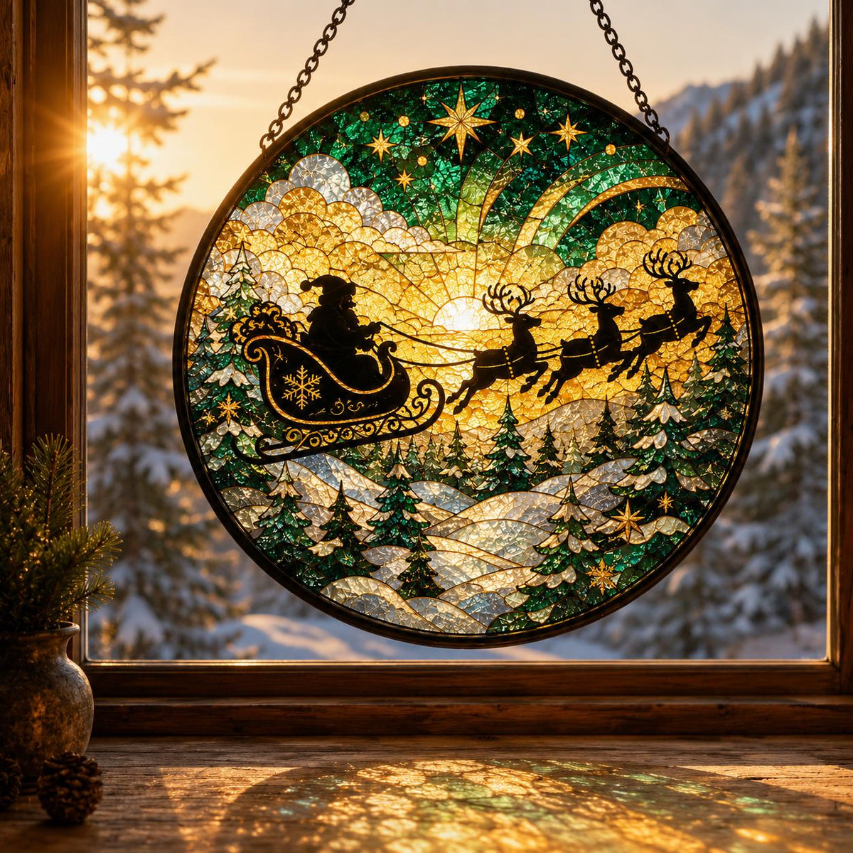 Green and gold Christmas stained glass suncatcher featuring Santa and reindeer flying over snowy pine forests beneath a glowing golden winter sky.