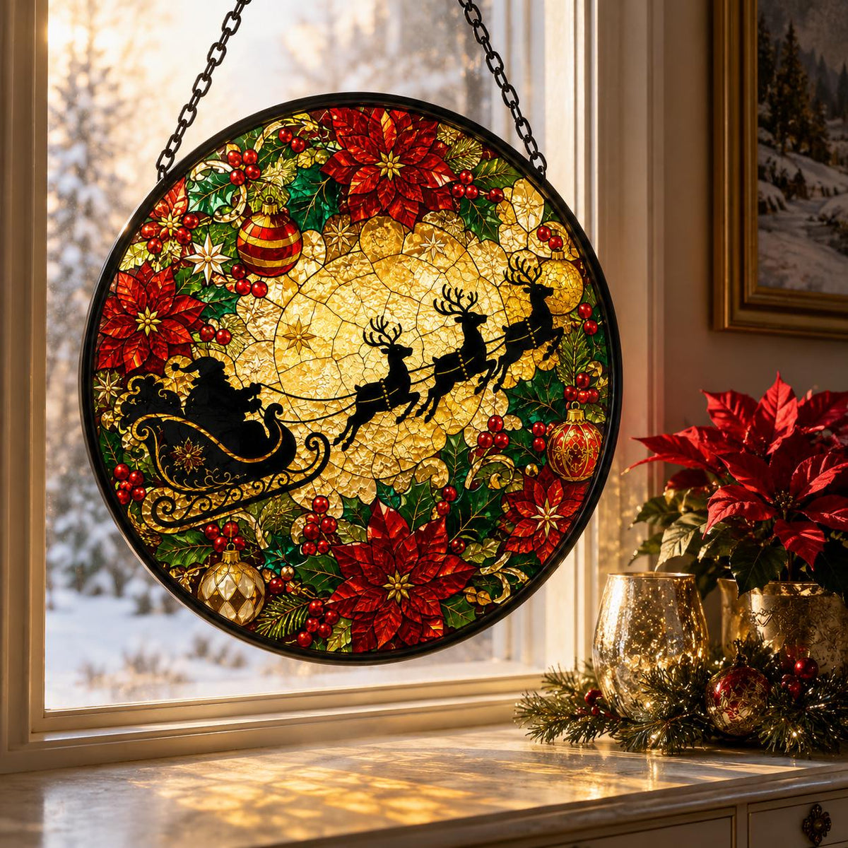 Traditional Christmas stained glass suncatcher with Santa sleigh and reindeer surrounded by red poinsettias, holly berries, ornaments, and golden festive glass.