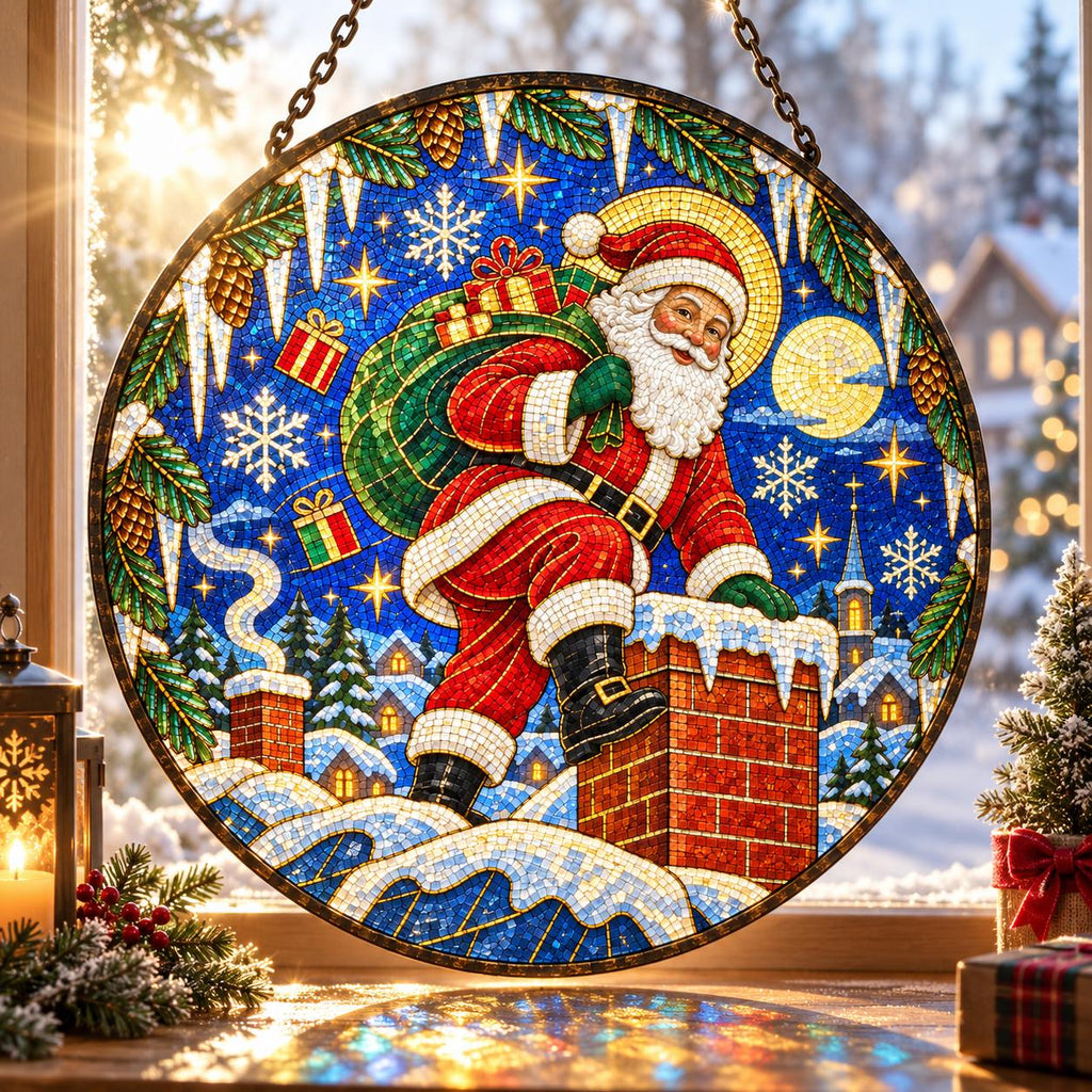 Santa Claus Christmas suncatcher with colorful stained glass style, snowy chimney scene and festive winter window decor