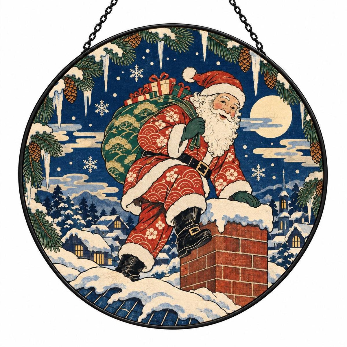 Vintage Santa Christmas suncatcher with snowy chimney, pine trees, moon and traditional blue winter scene