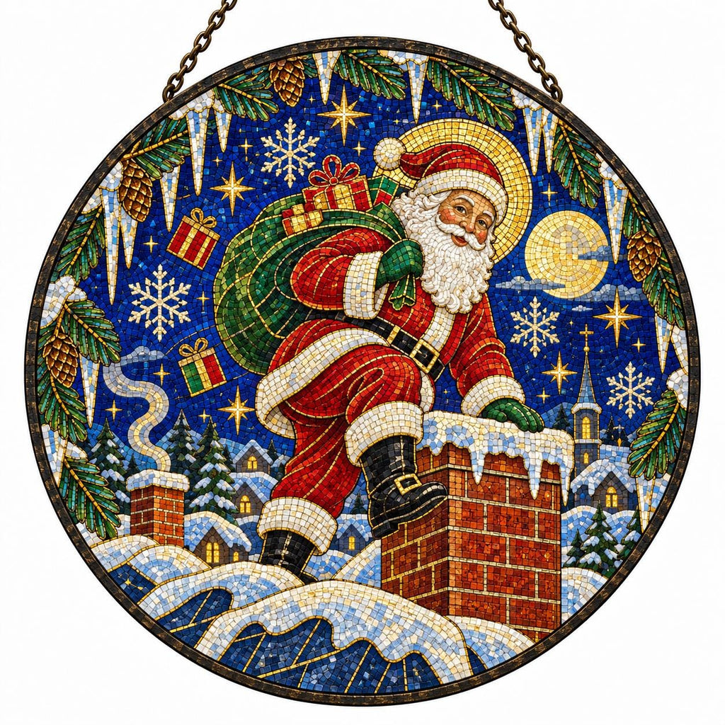 Colorful Santa Claus stained glass style suncatcher with gifts, stars, moon and snowy chimney Christmas scene