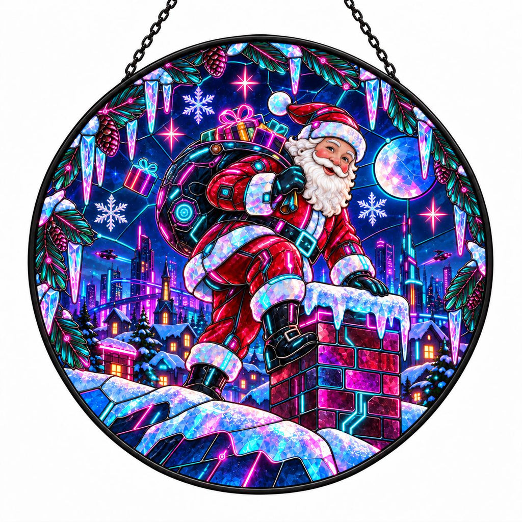 Neon Santa Claus Christmas suncatcher with bright pink and blue winter city, moon and snowy chimney design