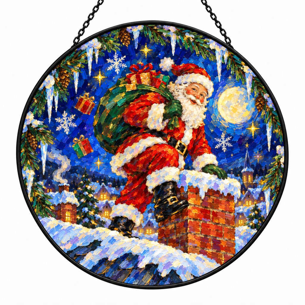 Santa Christmas suncatcher with vivid blue snowy background, glowing moon, gifts and colorful stained glass effect