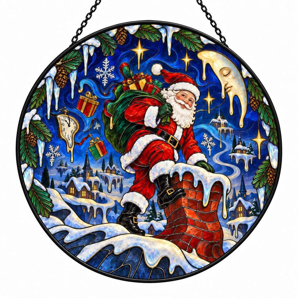 Santa Claus Christmas suncatcher with moon, icicles, pine branches and magical blue snowy village background