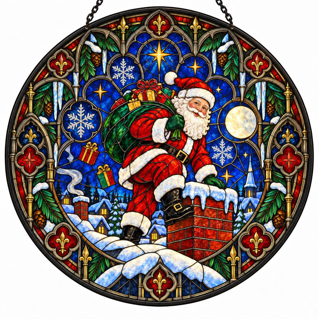 Ornate gothic Santa Christmas suncatcher with decorative stained glass border, stars, moon and snowy chimney