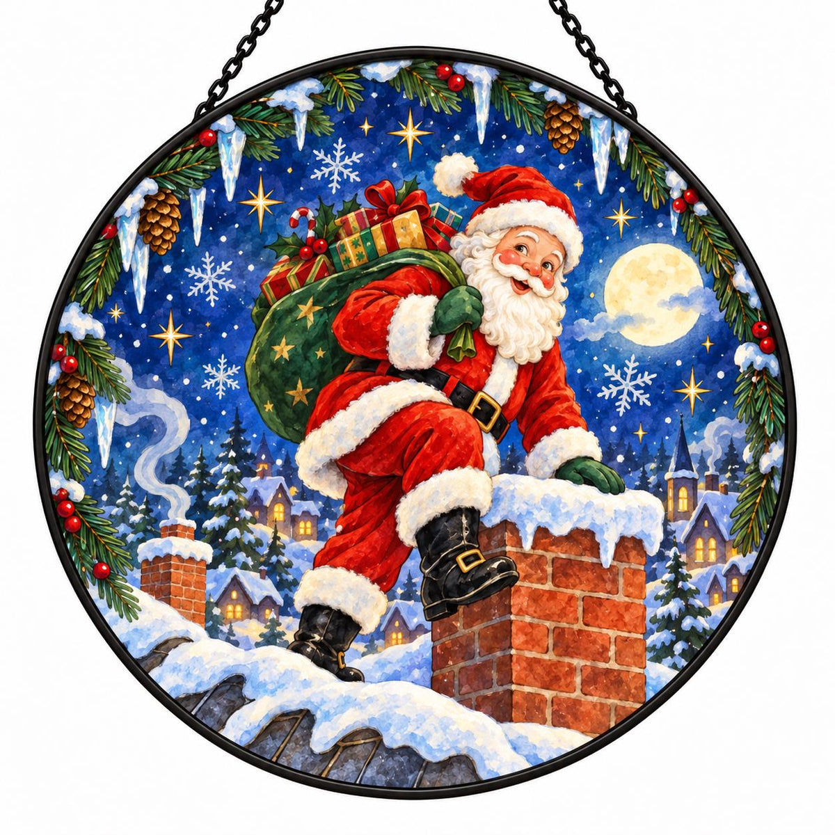 Santa Claus Christmas window suncatcher with snowy chimney, bright moon, pine trees and festive village scene