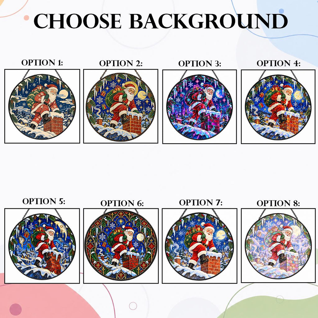 Eight Santa Claus Christmas suncatcher background options featuring different stained glass style winter scenes