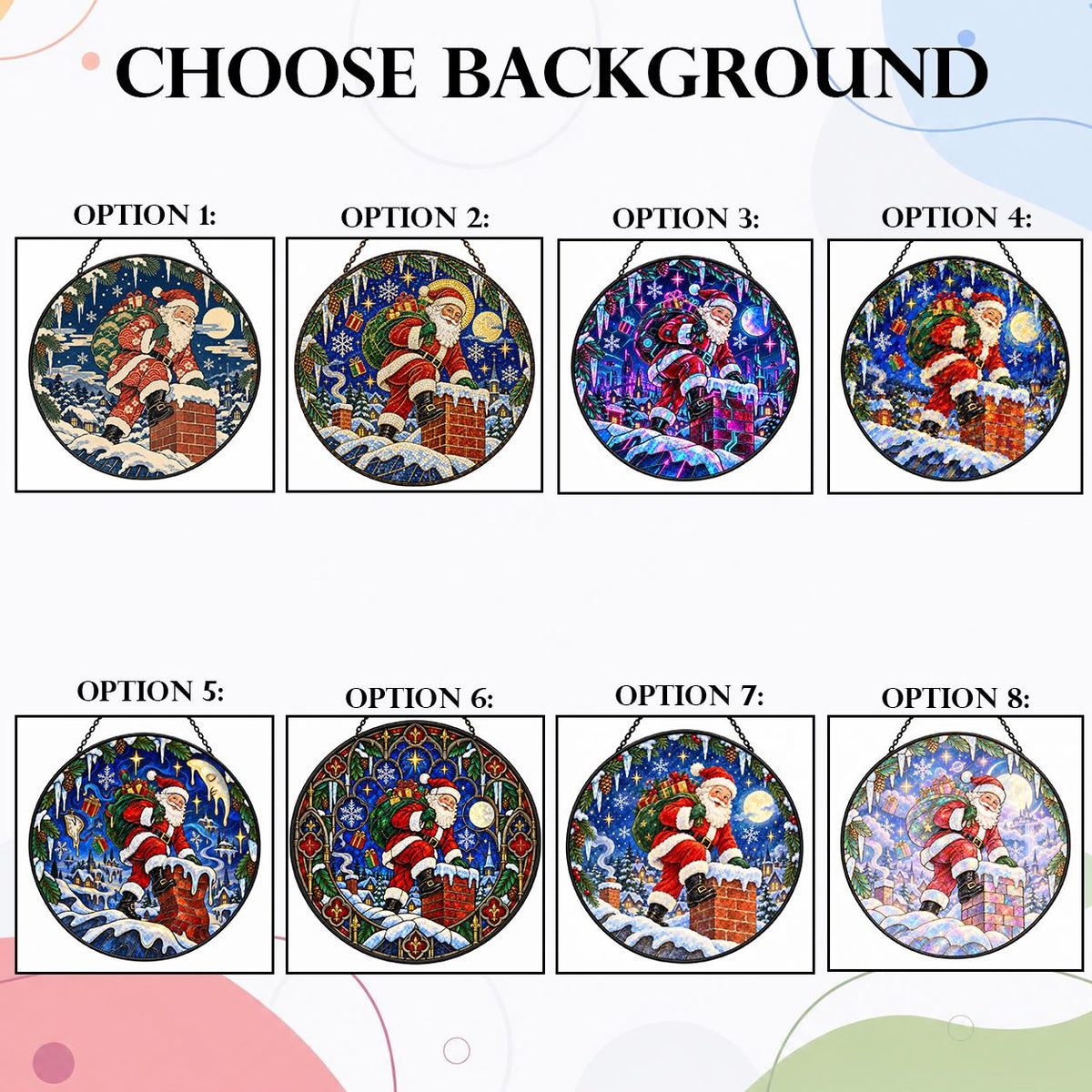 Eight Santa Claus Christmas suncatcher background options featuring different stained glass style winter scenes