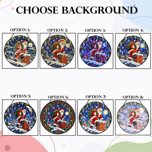 Eight Santa Claus Christmas suncatcher background options featuring different stained glass style winter scenes