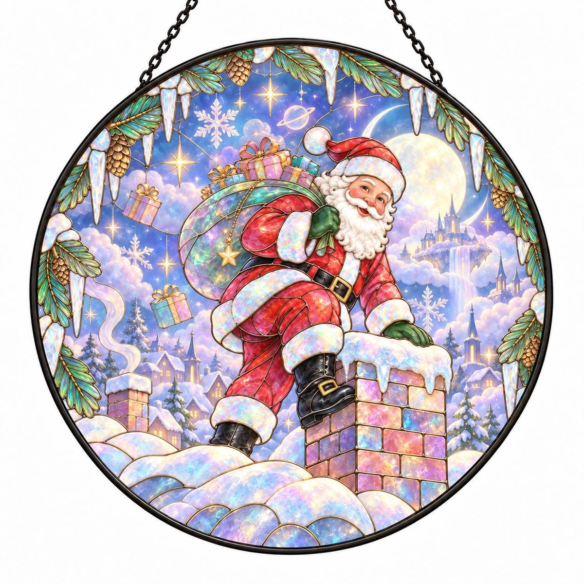 Pastel Santa Claus stained glass style suncatcher with snowy chimney, moon and soft colorful Christmas background
