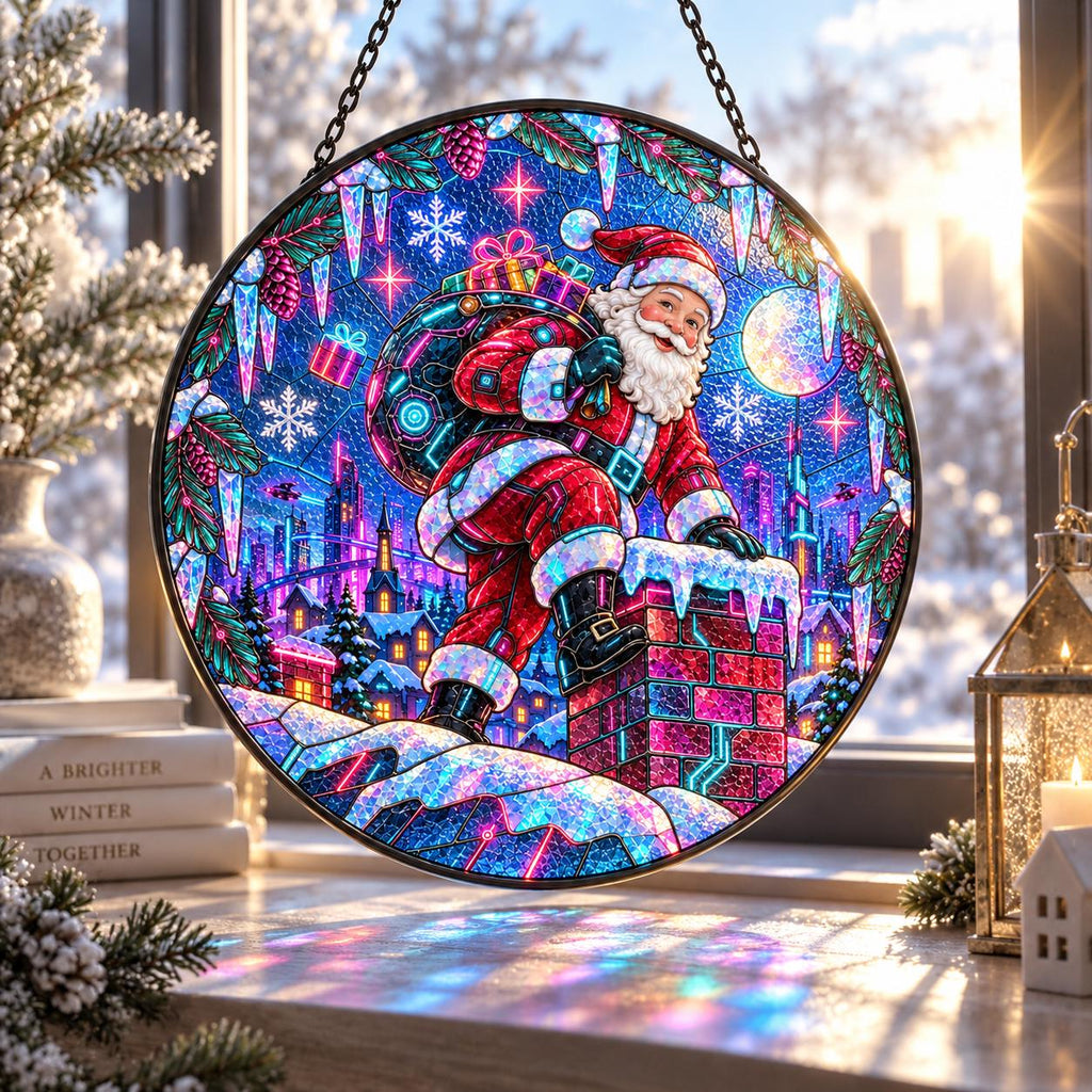 Colorful neon Santa Claus suncatcher with snowy chimney, moon and vibrant Christmas night background