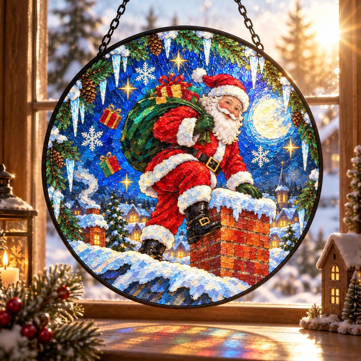 Santa Claus Christmas suncatcher hanging in a sunny window with snowy village and blue winter background