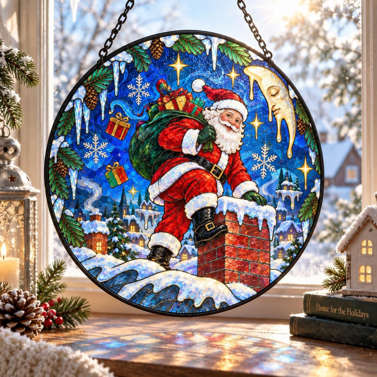 Round Santa stained glass style suncatcher displayed by a Christmas window with warm sunlight and holiday decor