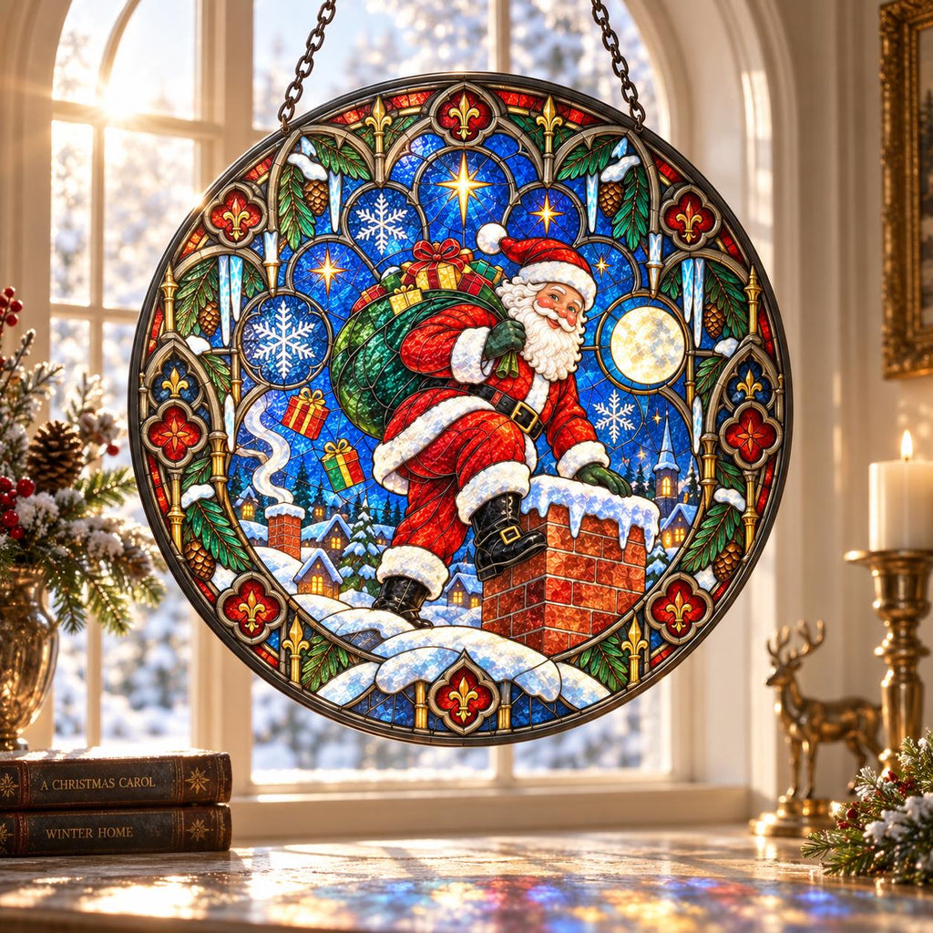 Gothic stained glass style Santa Christmas suncatcher with ornate border, snowy chimney and winter night scene