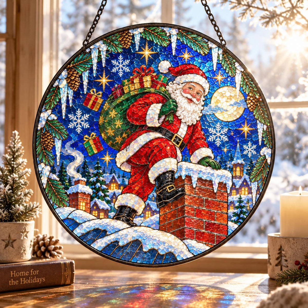 Santa Claus climbing a snowy chimney on a blue Christmas suncatcher with moon, stars and festive village scenery