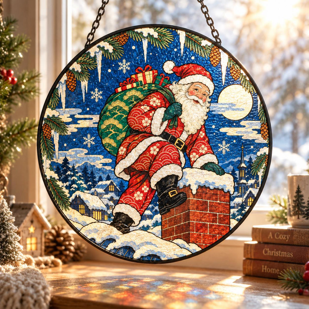 Santa Christmas window suncatcher with pine branches, snowy rooftops, moon and colorful stained glass details