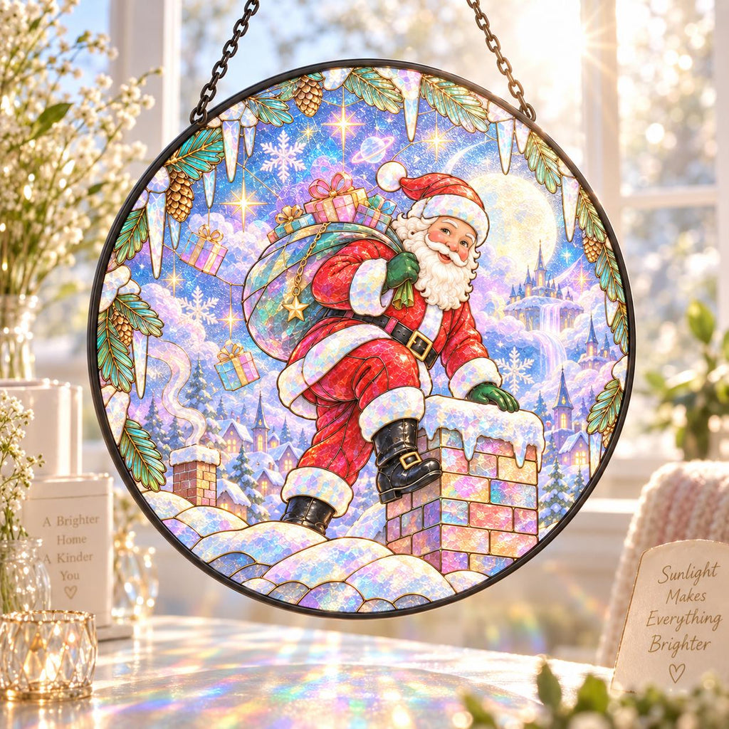 Pastel Santa Claus Christmas suncatcher with snowy chimney, winter village and soft stained glass style colors