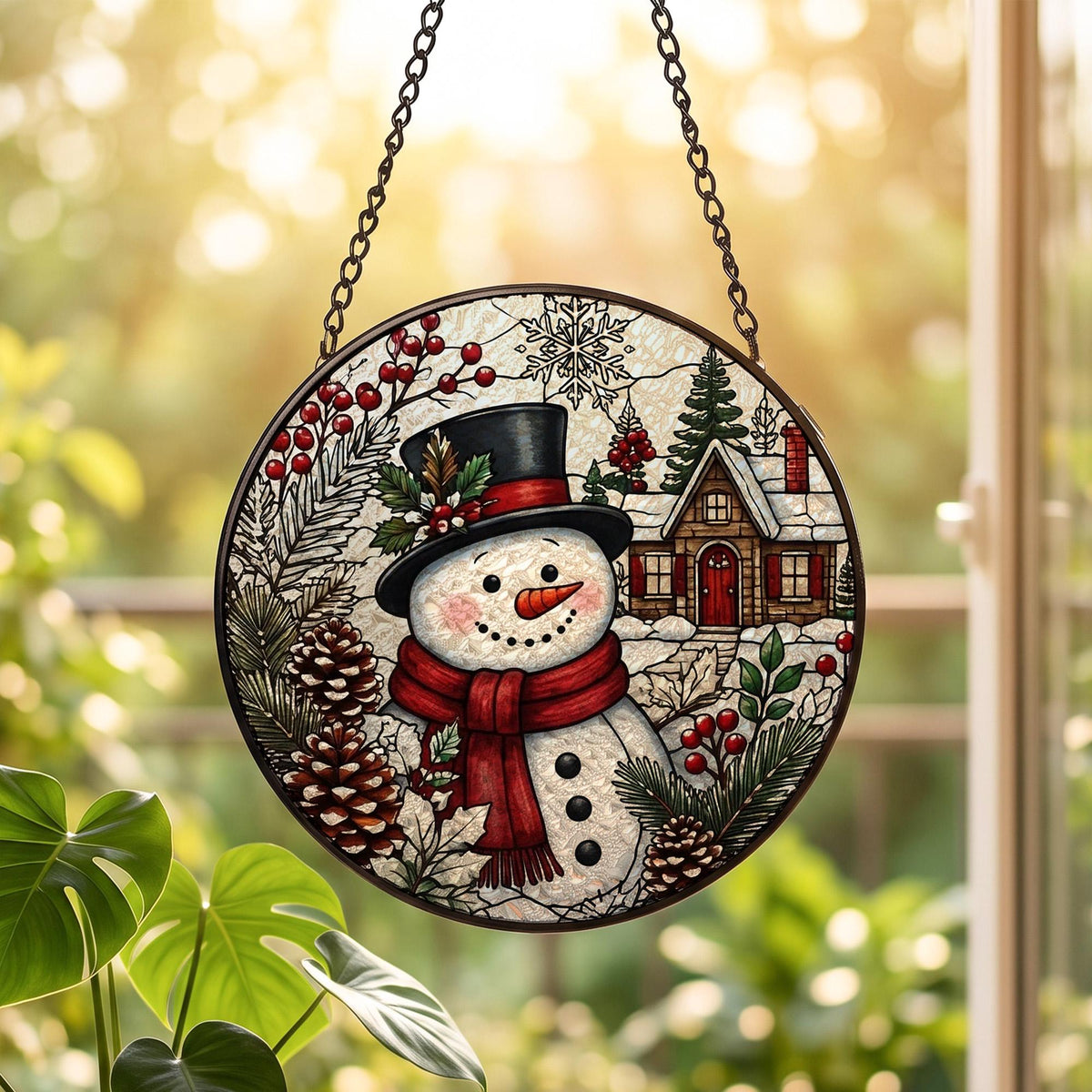 Christmas Suncatcher Window Hanging, Snowman Stained Glass Style Decor, Winter Village Sun Catcher Gift, Holiday Window Decoration