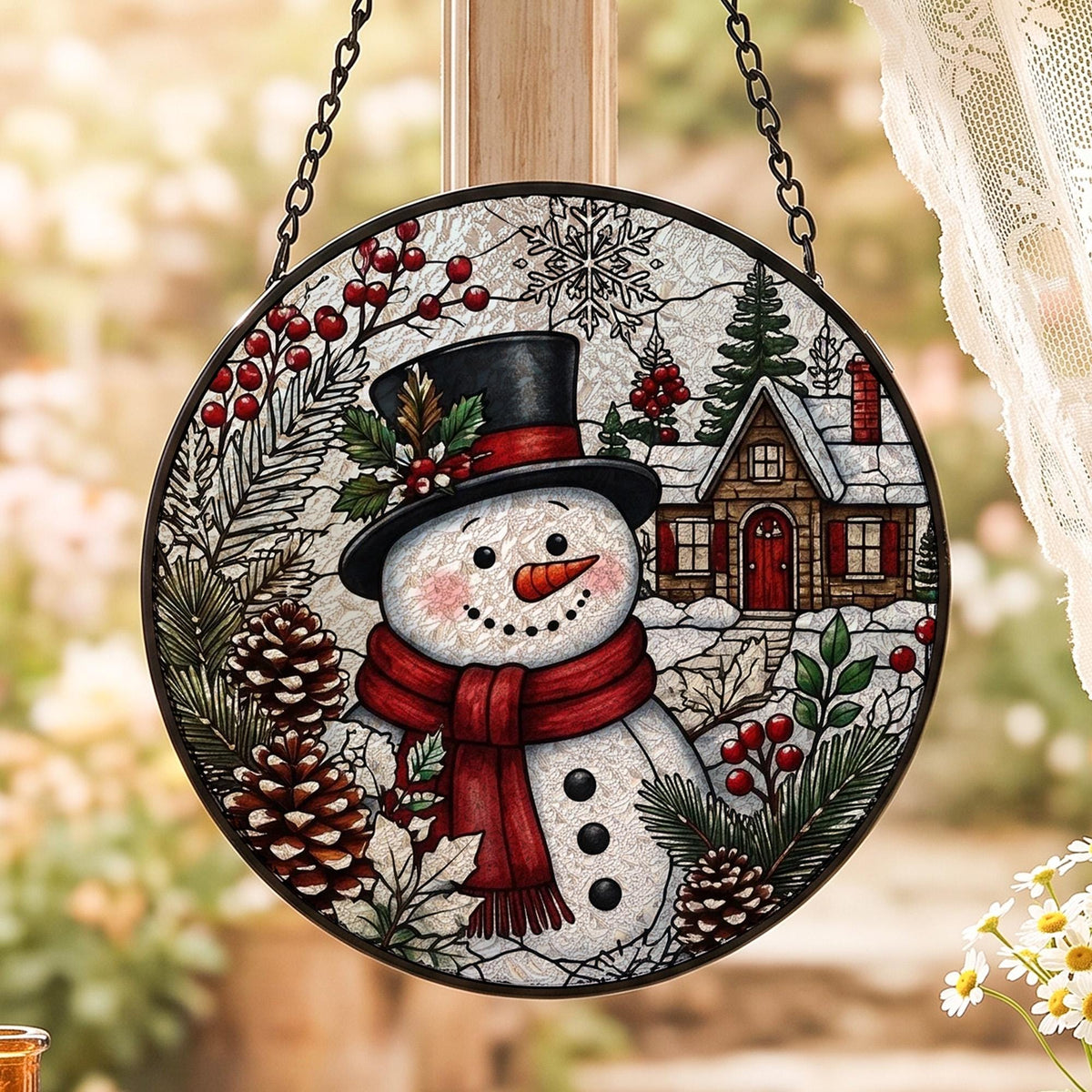 Christmas Suncatcher Window Hanging, Snowman Stained Glass Style Decor, Winter Village Sun Catcher Gift, Holiday Window Decoration