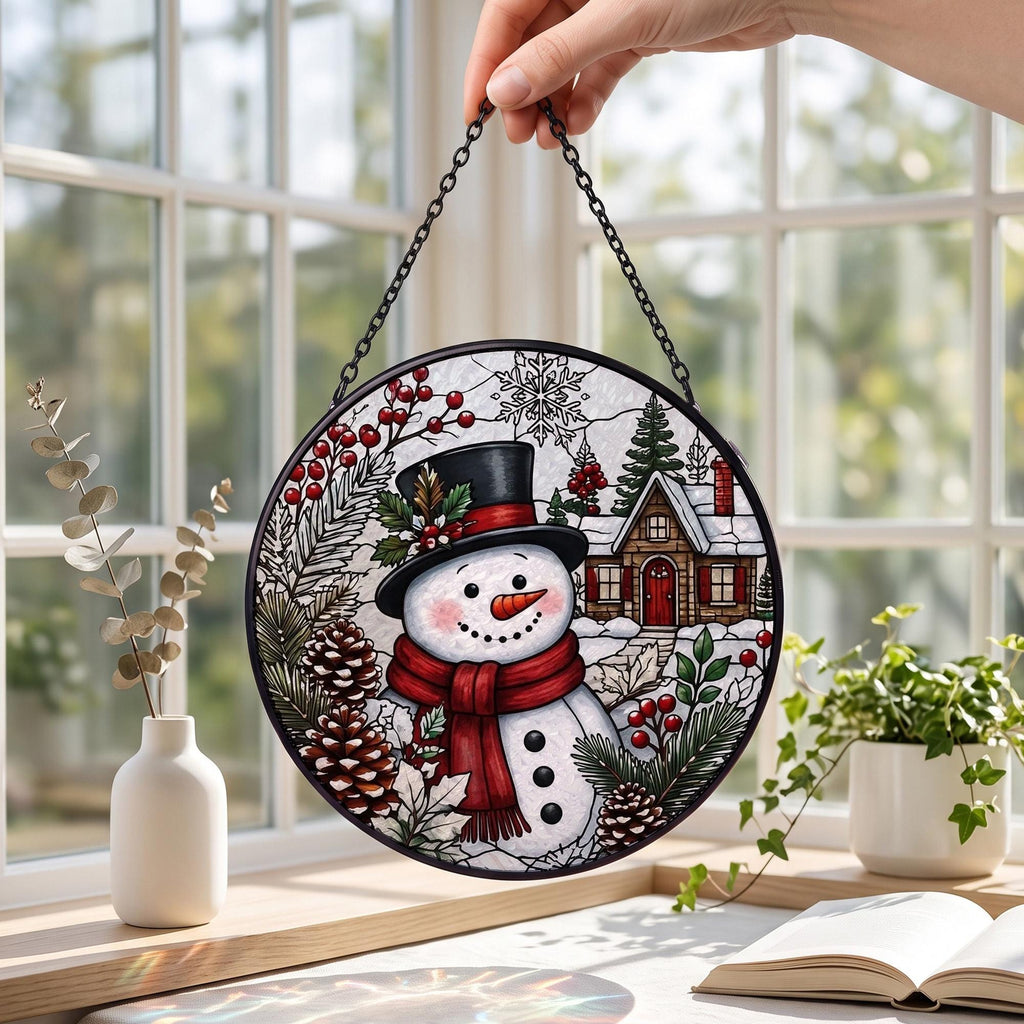 Christmas Suncatcher Window Hanging, Snowman Stained Glass Style Decor, Winter Village Sun Catcher Gift, Holiday Window Decoration