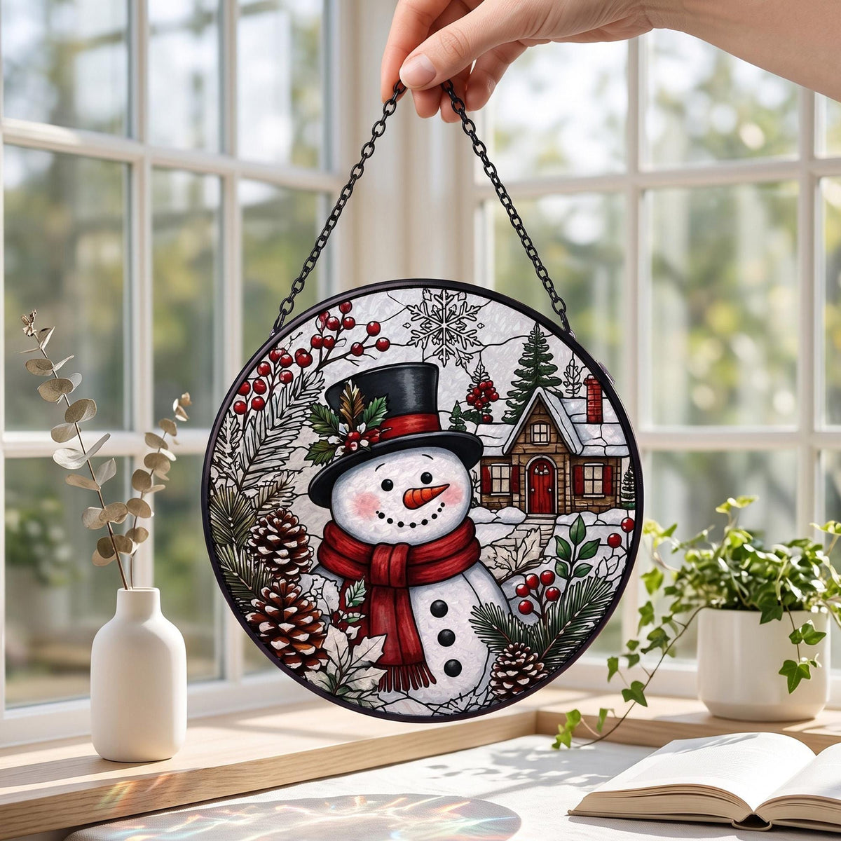 Christmas Suncatcher Window Hanging, Snowman Stained Glass Style Decor, Winter Village Sun Catcher Gift, Holiday Window Decoration