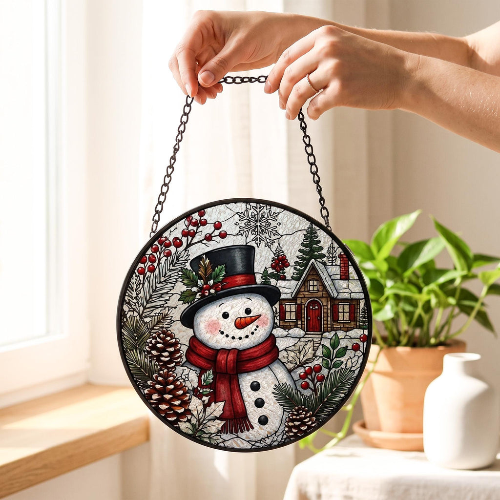 Christmas Suncatcher Window Hanging, Snowman Stained Glass Style Decor, Winter Village Sun Catcher Gift, Holiday Window Decoration