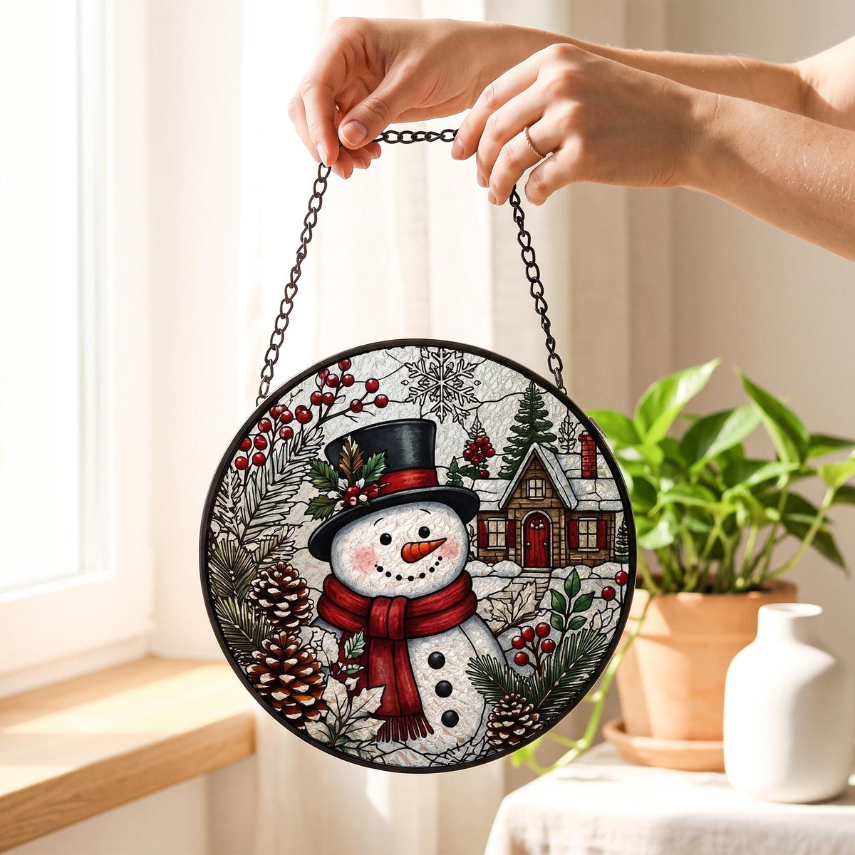 Christmas Suncatcher Window Hanging, Snowman Stained Glass Style Decor, Winter Village Sun Catcher Gift, Holiday Window Decoration