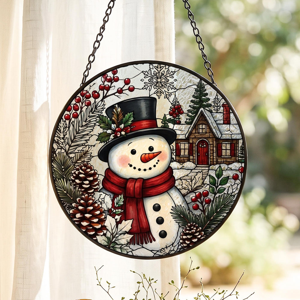 Christmas Suncatcher Window Hanging, Snowman Stained Glass Style Decor, Winter Village Sun Catcher Gift, Holiday Window Decoration
