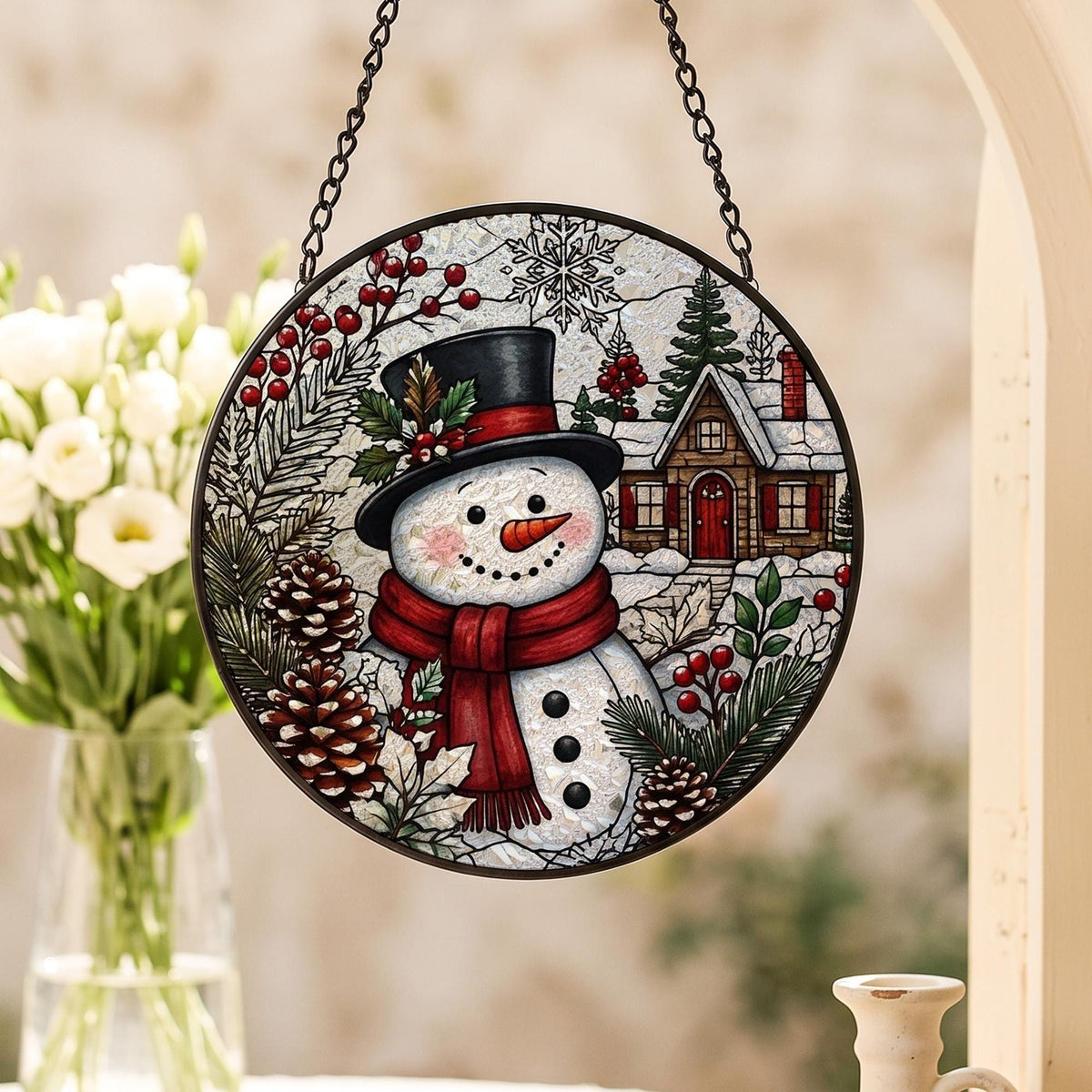 Christmas Suncatcher Window Hanging, Snowman Stained Glass Style Decor, Winter Village Sun Catcher Gift, Holiday Window Decoration