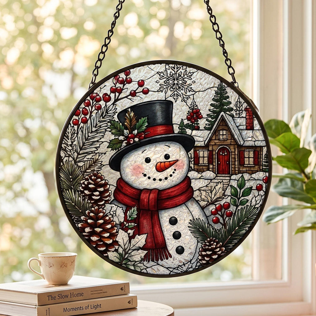 Christmas Suncatcher Window Hanging, Snowman Stained Glass Style Decor, Winter Village Sun Catcher Gift, Holiday Window Decoration